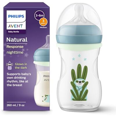 Philips Avent Natural Response Nachtfles 260 ml fles met speen met gemiddelde doorstroming (debiet 3), fosforescerende flessenring, motief kleine slapende luiaard, model SCY903/81 Philips Avent Natural Response Nachtfles 260 ml fles met speen met gemiddelde doorstroming (debiet 3), fosforescerende flessenring, motief kleine slapende luiaard, model SCY903/81