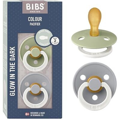 Bibs Colour Symmetrical Glow fopspeen, set van 2, BPA-vrij, fosforescerend, symmetrisch, van natuurlijk rubber/latex, gemaakt in Denemarken, maat 2 (6 18 maanden), kleur: Sage Glow / Cloud Glow Bibs Colour Symmetrical Glow fopspeen, set van 2, BPA-vrij, fosforescerend, symmetrisch, van natuurlijk rubber/latex, gemaakt in Denemarken, maat 2 (6 18 maanden), kleur: Sage Glow / Cloud Glow