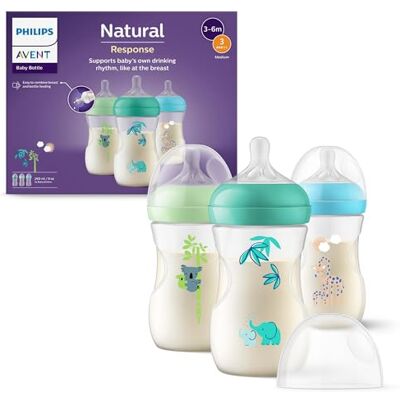 Philips Avent Natural Response SCY903/73 babyflessen 260 ml met fopspeen met medium debiet (debiet 3), 3 stuks, tropische dierenmotieven Philips Avent Natural Response SCY903/73 babyflessen 260 ml met fopspeen met medium debiet (debiet 3), 3 stuks, tropische dierenmotieven