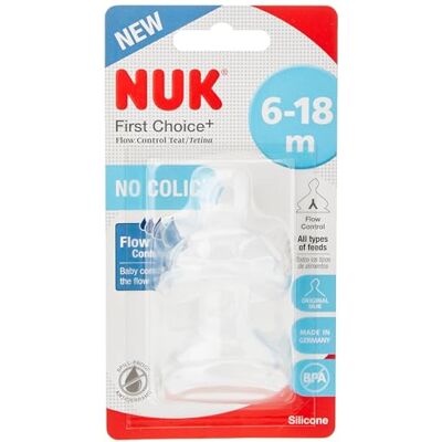 NUK First Choice fopspeen in set van 2 voor flessen van 6 tot 18 maanden, debietcontrole, anti-koliek ventilatie, BPA-vrij NUK First Choice fopspeen in set van 2 voor flessen van 6 tot 18 maanden, debietcontrole, anti-koliek ventilatie, BPA-vrij