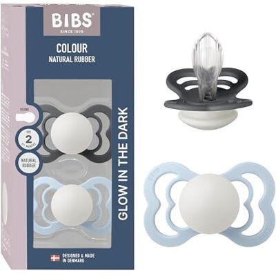 Bibs Supreme fopspeen set van 2, symmetrisch, Baby Blue Glow / Iron Glow siliconen, maat 2, BPA-vrij, gemaakt in Denemarken, lichtring, hoge zuigacceptatie Bibs Supreme fopspeen set van 2, symmetrisch, Baby Blue Glow / Iron Glow siliconen, maat 2, BPA-vrij, gemaakt in Denemarken, lichtring, hoge zuigacceptatie