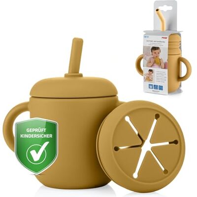 Reer 2-in-1 beker voor baby's en peuters, praktische metgezel voor onderweg, lekvrij, snackbeker, geel Reer 2-in-1 beker voor baby's en peuters, praktische metgezel voor onderweg, lekvrij, snackbeker, geel