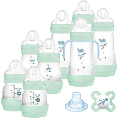 MAM Set van 8 Easy Start Anti-koliek babyflessen met Skinsoft siliconen speen, 1 Original Start fopspeen, 1 extra zachte tuit en handgrepen, lichtblauw MAM Set van 8 Easy Start Anti-koliek babyflessen met Skinsoft siliconen speen, 1 Original Start fopspeen, 1 extra zachte tuit en handgrepen, lichtblauw