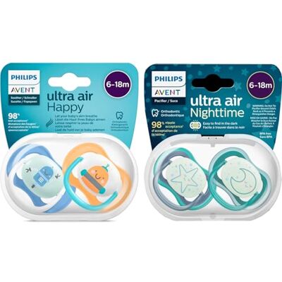 AVENT Philips 4-pack Ultra Air fopspeen voor dag en nacht, 6-18 m: 2 x glow in the dark, 2 x Ultra Air dagspenen, voor kinderen van 6-18 maanden, 2 draagtassen voor sterilisatoren AVENT Philips 4-pack Ultra Air fopspeen voor dag en nacht, 6-18 m: 2 x glow in the dark, 2 x Ultra Air dagspenen, voor kinderen van 6-18 maanden, 2 draagtassen voor sterilisatoren
