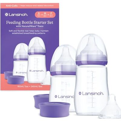 Lansinoh Anti-koliek flesjes eerste set 2 flessen (160 ml + 240 ml) met 3 fopspenen met langzame, gemiddelde en snelle doorstroming, BPA-vrij en BPS-vrij Lansinoh Anti-koliek flesjes eerste set 2 flessen (160 ml + 240 ml) met 3 fopspenen met langzame, gemiddelde en snelle doorstroming, BPA-vrij en BPS-vrij