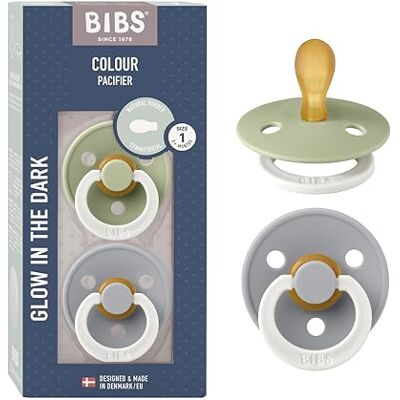 Bibs Colour Symmetrical Glow fopspeen, set van 2, BPA-vrij, fosforescerend, symmetrisch, van natuurlijk rubber/latex, gemaakt in Denemarken, maat 1 (0-6 maanden), salie glow/Cloud Glow Bibs Colour Symmetrical Glow fopspeen, set van 2, BPA-vrij, fosforescerend, symmetrisch, van natuurlijk rubber/latex, gemaakt in Denemarken, maat 1 (0-6 maanden), salie glow/Cloud Glow
