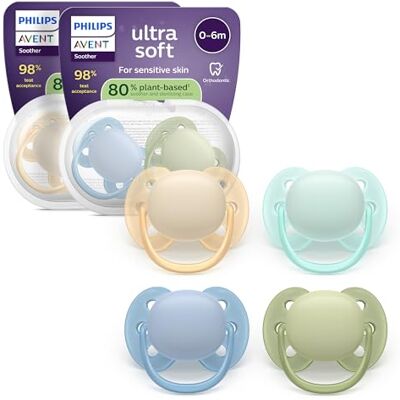 AVENT Philips SCF091/50 Ultrazachte fopspeen voor baby's van 0-6 maanden, zacht schild, symmetrische siliconen speen, BPA-vrij, met 2 sterilisatie-hoesjes, 4 stuks AVENT Philips SCF091/50 Ultrazachte fopspeen voor baby's van 0-6 maanden, zacht schild, symmetrische siliconen speen, BPA-vrij, met 2 sterilisatie-hoesjes, 4 stuks