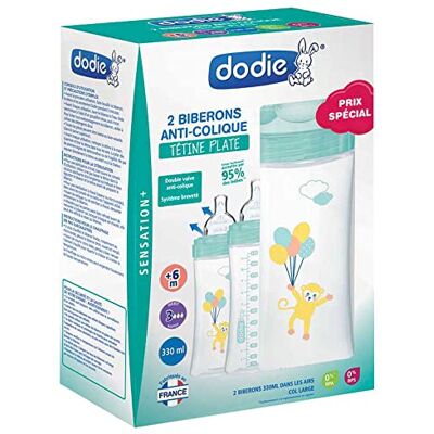 Dodie Set van 2 Sensation+ anti-koliek-flessen (2 x 330 ml) – platte speen, debiet 3, BPA-vrij – +6 maanden – groen en luchtblauw Dodie Set van 2 Sensation+ anti-koliek-flessen (2 x 330 ml) – platte speen, debiet 3, BPA-vrij – +6 maanden – groen en luchtblauw