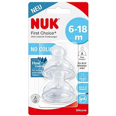 NUK First Choice+ Flow Control Fopspeen voor babyflessen, 2 stuks, 6-18 maanden, anti-koliekventiel, BPA-vrij NUK First Choice+ Flow Control Fopspeen voor babyflessen, 2 stuks, 6-18 maanden, anti-koliekventiel, BPA-vrij