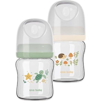 ana baby Set van 2 flessen van puur glas, babyflessen van BPA-vrij borosilicaatglas met zachte siliconen speen, geventileerd anti-kolieksysteem, motieven onder de oceaan en bos, 120 ml x 2 ana baby Set van 2 flessen van puur glas, babyflessen van BPA-vrij borosilicaatglas met zachte siliconen speen, geventileerd anti-kolieksysteem, motieven onder de oceaan en bos, 120 ml x 2