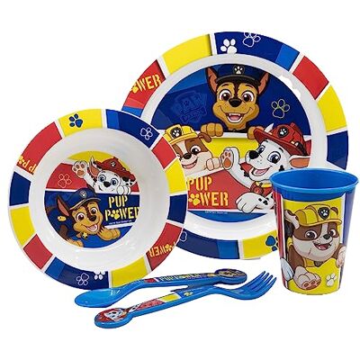 Stor Kinderserviesset 5-delig met borden, kom, 260 ml glas en bestek, BPA-vrij en magnetronbestendig Stor Kinderserviesset 5-delig met borden, kom, 260 ml glas en bestek, BPA-vrij en magnetronbestendig