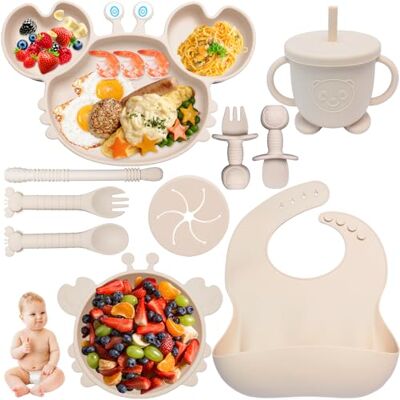 Kinyoda 10-delige siliconen babyspeenset met zuignap, slabbetje, lepel, vork en beker, babyservies, babycadeaus (beige) Kinyoda 10-delige siliconen babyspeenset met zuignap, slabbetje, lepel, vork en beker, babyservies, babycadeaus (beige)