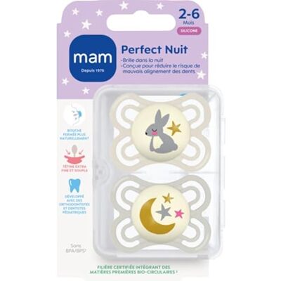 MAM Perfect Night fopspeen 2-6 maanden (2 stuks) willekeurige kleur Fosforescerende siliconen fopspeen voor zuigelingen Ideale babyspeen voor een goede mondontwikkeling MAM Perfect Night fopspeen 2-6 maanden (2 stuks) willekeurige kleur Fosforescerende siliconen fopspeen voor zuigelingen Ideale babyspeen voor een goede mondontwikkeling