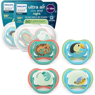 AVENT Philips Day & Night Ultra Air fopspeen Orthodontisch, voor baby's van 6 tot 18 maanden, fosforescerende versie, symmetrische fopspeen van zachte siliconen, BPA-vrij, 4 stuks, SCF087/27 AVENT Philips Day & Night Ultra Air fopspeen Orthodontisch, voor baby's van 6 tot 18 maanden, fosforescerende versie, symmetrische fopspeen van zachte siliconen, BPA-vrij, 4 stuks, SCF087/27
