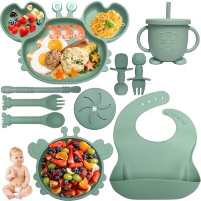 Kinyoda 10 stuks siliconen speenaccessoires voor peuters met zuignap, slabbetje, lepel, vork en beker, babyservies, babycadeaus (groen) Kinyoda 10 stuks siliconen speenaccessoires voor peuters met zuignap, slabbetje, lepel, vork en beker, babyservies, babycadeaus (groen)