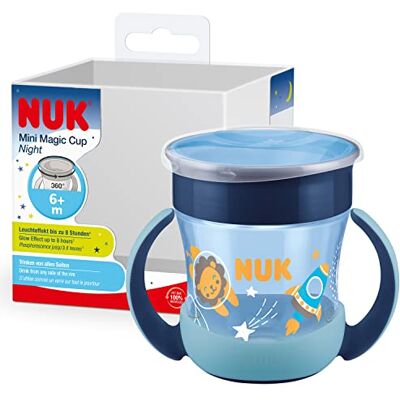 NUK Mini Magic Cup Night druppelvrije beker, 360° kantelbescherming, 6 maanden, gloeit in het donker, eenvoudige handgreep, BPA-vrij, 160 ml, blauw NUK Mini Magic Cup Night druppelvrije beker, 360° kantelbescherming, 6 maanden, gloeit in het donker, eenvoudige handgreep, BPA-vrij, 160 ml, blauw