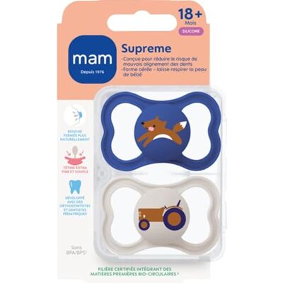 MAM Supreme 2 stuks siliconen fopspenen, fopspeenset met fopspeenbox, vermindert het risico op verkeerde tandpositionering, laat de huid van de baby ademen, 18 maanden, willekeurige kleur MAM Supreme 2 stuks siliconen fopspenen, fopspeenset met fopspeenbox, vermindert het risico op verkeerde tandpositionering, laat de huid van de baby ademen, 18 maanden, willekeurige kleur