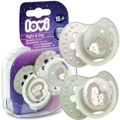 LOVI Sucette dynamique en silicone 2 pièces Nuit&Day Hedgehog Lumineux, Protège le réflexe d'aspiration, Sans danger pour l'allaitement, Sans danger pour la morsure et la parole, Anti-allergique (18 LOVI Sucette dynamique en silicone 2 pièces Nuit&Day Hedgehog Lumineux, Protège le réflexe d'aspiration, Sans danger pour l'allaitement, Sans danger pour la morsure et la parole, Anti-allergique (18