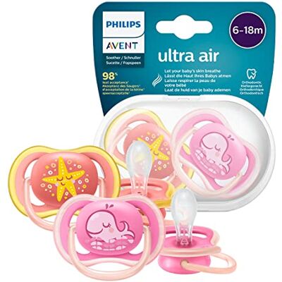 AVENT Philips SCF085/04 Ultra Air fopspeen roze, decor sterren/walvis, 6-18 maanden, 2 stuks AVENT Philips SCF085/04 Ultra Air fopspeen roze, decor sterren/walvis, 6-18 maanden, 2 stuks
