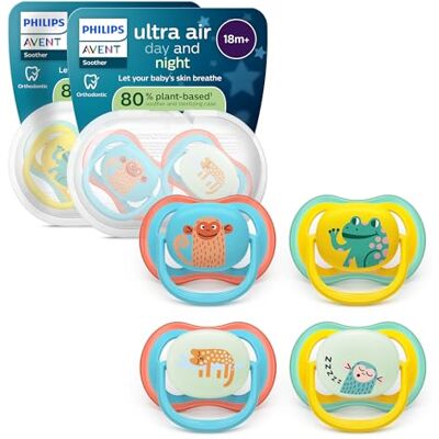 AVENT Philips Ultra Air fopspeen Day & Night orthodontisch, voor baby's vanaf 18 maanden, fosforescerende versie, ultrastevige symmetrische speen, BPA-vrij, 4 stuks, SCF349/56 AVENT Philips Ultra Air fopspeen Day & Night orthodontisch, voor baby's vanaf 18 maanden, fosforescerende versie, ultrastevige symmetrische speen, BPA-vrij, 4 stuks, SCF349/56