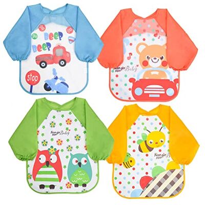 Vicloon Babyslabbetjes met lange mouwen, uniseks, 4 waterdichte wasbare slabbetjes om te schilderen, spelen, eten en knutselen, 4 patronen voor kinderen van 6 tot 36 maanden, kleurrijk 42.5*33cm Vicloon Babyslabbetjes met lange mouwen, uniseks, 4 waterdichte wasbare slabbetjes om te schilderen, spelen, eten en knutselen, 4 patronen voor kinderen van 6 tot 36 maanden, kleurrijk 42.5*33cm
