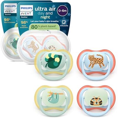 AVENT Philips Day & Night Ultra Air fopspeen Orthodontisch, voor baby's van 0 tot 6 maanden, fosforescerende versie, symmetrische fopspeen van zachte siliconen, BPA-vrij, 4 stuks, SCF087/22 AVENT Philips Day & Night Ultra Air fopspeen Orthodontisch, voor baby's van 0 tot 6 maanden, fosforescerende versie, symmetrische fopspeen van zachte siliconen, BPA-vrij, 4 stuks, SCF087/22