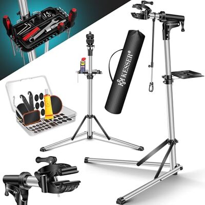 KESSER ® Fietsmontagestandaard, professionele reparatiestandaard, aluminium, voor fietsen, mountainbikes, e-bike, zware belasting, montagestandaard, fietsstandaard + tas met snelontgrendelingsvoorzieningen, 360 graden draaibaar, zilver KESSER ® Fietsmontagestandaard, professionele reparatiestandaard, aluminium, voor fietsen, mountainbikes, e-bike, zware belasting, montagestandaard, fietsstandaard + tas met snelontgrendelingsvoorzieningen, 360 graden draaibaar, zilver