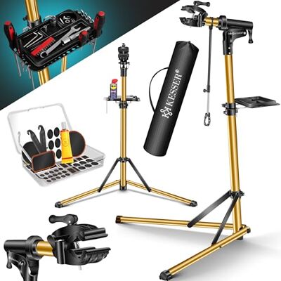KESSER ® Fietsmontagestandaard, professionele reparatiestandaard, aluminium, voor fietsen, mountainbikes, e-bike, zware belasting, montagestandaard, fietsstandaard + tas met snelontgrendelingsvoorzieningen, 360 graden draaibaar, goud KESSER ® Fietsmontagestandaard, professionele reparatiestandaard, aluminium, voor fietsen, mountainbikes, e-bike, zware belasting, montagestandaard, fietsstandaard + tas met snelontgrendelingsvoorzieningen, 360 graden draaibaar, goud