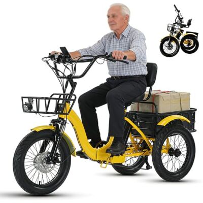 HDaspijh Opvouwbare elektrische driewieler voor volwassenen, 48 x 13 Ah, brede band 18 inch x 3,0, bereik 44 km, met led-koplamp en claxon, voor- en achtermanden, voor boodschappen en picknicks, geel HDaspijh Opvouwbare elektrische driewieler voor volwassenen, 48 x 13 Ah, brede band 18 inch x 3,0, bereik 44 km, met led-koplamp en claxon, voor- en achtermanden, voor boodschappen en picknicks, geel