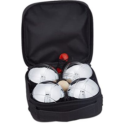 Relaxdays Set van 4 metalen petanqueballen met varken en meter, fietstas, buitenspel, zilver en zwart Relaxdays Set van 4 metalen petanqueballen met varken en meter, fietstas, buitenspel, zilver en zwart