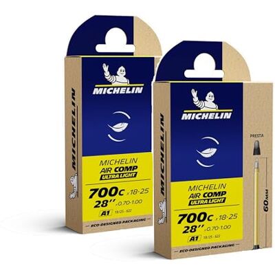 Michelin Set van twee binnenbanden AIRCOMP – afmetingen binnenband 28 inch x 700C x 18/25, type Presta ventiel 60 mm Michelin Set van twee binnenbanden AIRCOMP – afmetingen binnenband 28 inch x 700C x 18/25, type Presta ventiel 60 mm
