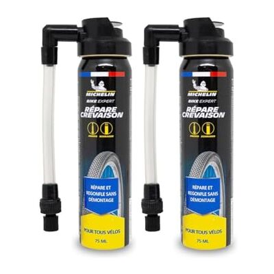 Michelin Set van 2 spuitbussen voor reparatie van fietslekke banden 75 ml onmiddellijke reparatie en opblazen zonder gereedschap Geschikt voor Presta- en Schrader-ventielen Gemaakt in Michelin Set van 2 spuitbussen voor reparatie van fietslekke banden 75 ml onmiddellijke reparatie en opblazen zonder gereedschap Geschikt voor Presta- en Schrader-ventielen Gemaakt in