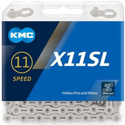 KMC X11SL zilveren fietsketting, 1/2 inch x 11/128 inch, 118 schakels, 11 versnellingen, compatibel met Shimano, SRAM, Campagnolo, zilver, extra licht KMC X11SL zilveren fietsketting, 1/2 inch x 11/128 inch, 118 schakels, 11 versnellingen, compatibel met Shimano, SRAM, Campagnolo, zilver, extra licht