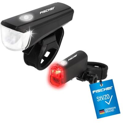 Fischer Led-fietsverlichtingsset met kleine batterij, met led-technologie, spatwaterdicht, zwart, 1 stuk Fischer Led-fietsverlichtingsset met kleine batterij, met led-technologie, spatwaterdicht, zwart, 1 stuk