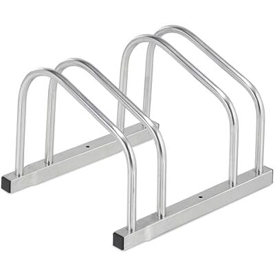 Relaxdays Rek voor 2 fietsen, vloermontage, wielen met een breedte van max. 50 mm, metaal, garage, zilver Relaxdays Rek voor 2 fietsen, vloermontage, wielen met een breedte van max. 50 mm, metaal, garage, zilver