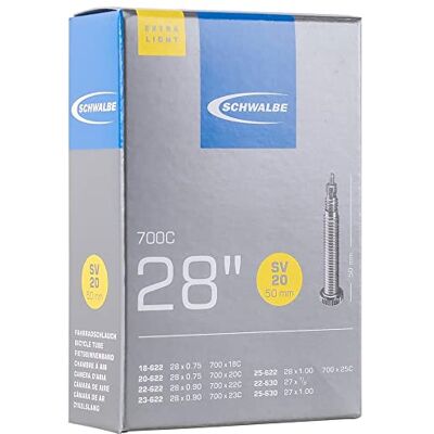 Schwalbe Binnenband nr. 20 Extra Light binnenband 28 inch / 700C (ETRTO 18/25-622/630) SV-ventiel van 40-80 mm ultralicht en betrouwbaar butylslang voor racefiets Schwalbe Binnenband nr. 20 Extra Light binnenband 28 inch / 700C (ETRTO 18/25-622/630) SV-ventiel van 40-80 mm ultralicht en betrouwbaar butylslang voor racefiets