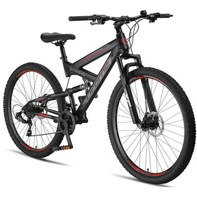 Licorne Bike Strong 2D Premium mountainbike in 26, 27,5 en 29 inch, fiets voor jongens, meisjes, dames en heren, schijfrem voor en achter, 21 versnellingen, volledige vering Licorne Bike Strong 2D Premium mountainbike in 26, 27,5 en 29 inch, fiets voor jongens, meisjes, dames en heren, schijfrem voor en achter, 21 versnellingen, volledige vering