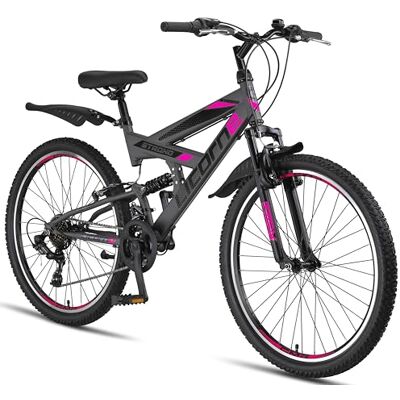 Licorne Bike Premium 26 inch Mountainbike, uniseks, volwassen en kinderen, Shimano 21 versnellingen derailleur, volledige vering Licorne Bike Premium 26 inch Mountainbike, uniseks, volwassen en kinderen, Shimano 21 versnellingen derailleur, volledige vering