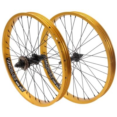 KHEbikes KHE Prism BMX-wielen, 20 inch, goud, voor- en achterwiel, 14 mm/10 mm as, vrijloop 16T, 36H, aluminium velgen 7005 KHEbikes KHE Prism BMX-wielen, 20 inch, goud, voor- en achterwiel, 14 mm/10 mm as, vrijloop 16T, 36H, aluminium velgen 7005