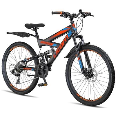 Licorne Bike Strong 2D Premium mountainbike in 26, 27,5 en 29 inch, fiets voor jongens, meisjes, dames en heren, schijfrem voor en achter, 21 versnellingen, volledige vering Licorne Bike Strong 2D Premium mountainbike in 26, 27,5 en 29 inch, fiets voor jongens, meisjes, dames en heren, schijfrem voor en achter, 21 versnellingen, volledige vering
