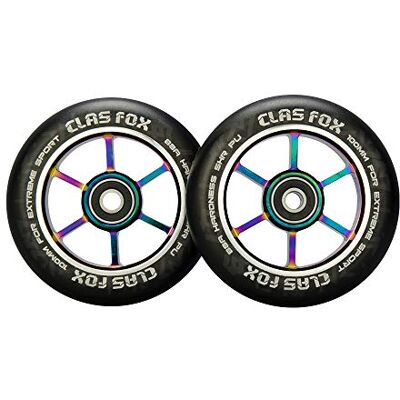 CLAS FOX 1 paar Pro Stunt 100 mm wielen met ABEC-9 lagers en CNC-metalen kern (zwart regenboog) CLAS FOX 1 paar Pro Stunt 100 mm wielen met ABEC-9 lagers en CNC-metalen kern (zwart regenboog)