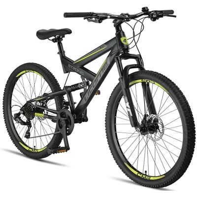Licorne Bike Strong 2D Premium mountainbike in 26, 27,5 en 29 inch, fiets voor jongens, meisjes, dames en heren, schijfrem voor en achter, 21 versnellingen, volledige vering Licorne Bike Strong 2D Premium mountainbike in 26, 27,5 en 29 inch, fiets voor jongens, meisjes, dames en heren, schijfrem voor en achter, 21 versnellingen, volledige vering