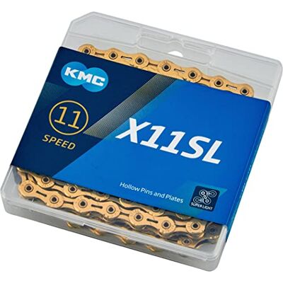 KMC X11SL Ti-N Gold Fietsketting, 1/2 inch x 11/128 inch, 118 schakels, 11 versnellingen, compatibel met Shimano, SRAM, Campagnolo, goud, extra licht KMC X11SL Ti-N Gold Fietsketting, 1/2 inch x 11/128 inch, 118 schakels, 11 versnellingen, compatibel met Shimano, SRAM, Campagnolo, goud, extra licht