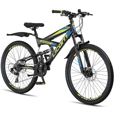 Licorne Bike Strong 2D Premium mountainbike in 26, 27,5 en 29 inch, fiets voor jongens, meisjes, dames en heren, schijfrem voor en achter, 21 versnellingen, volledige vering Licorne Bike Strong 2D Premium mountainbike in 26, 27,5 en 29 inch, fiets voor jongens, meisjes, dames en heren, schijfrem voor en achter, 21 versnellingen, volledige vering