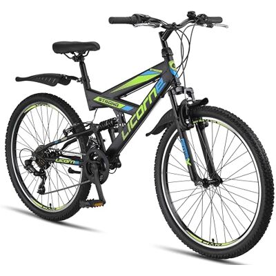 Licorne Bike Premium 26 inch Mountainbike, uniseks, volwassen en kinderen, Shimano 21 versnellingen derailleur, volledige vering Licorne Bike Premium 26 inch Mountainbike, uniseks, volwassen en kinderen, Shimano 21 versnellingen derailleur, volledige vering