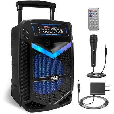 Pyle Draagbare bluetooth-luidspreker, 1200 W, accu, zwarte subwoofer en tweeter, led-verlichting, micro-bekabeld, SD, USB, AUX FM-radio, opname en wielen Pyle Draagbare bluetooth-luidspreker, 1200 W, accu, zwarte subwoofer en tweeter, led-verlichting, micro-bekabeld, SD, USB, AUX FM-radio, opname en wielen