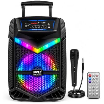 Pyle Draagbare bluetooth-luidspreker, 1200 W, accu, zwarte subwoofer en tweeter, led-verlichting, micro-bekabeld, SD, USB, AUX FM-radio, opname en wielen Pyle Draagbare bluetooth-luidspreker, 1200 W, accu, zwarte subwoofer en tweeter, led-verlichting, micro-bekabeld, SD, USB, AUX FM-radio, opname en wielen