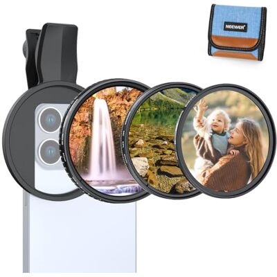 NEEWER Variabele ND-filterset, 67 mm, compatibel met iPhone, 3 stuks, CPL cirkelvormige polarisator + ND2-32 + Black Diffusion 1/4, clipfilterset voor telefooncamera, accessoires NEEWER Variabele ND-filterset, 67 mm, compatibel met iPhone, 3 stuks, CPL cirkelvormige polarisator + ND2-32 + Black Diffusion 1/4, clipfilterset voor telefooncamera, accessoires