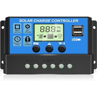 Depvko Solar laadregelaar zwart zonnepaneel intelligente batterijregelaar met dubbele USB-poort 12 V/24 V PWM verstelbaar lcd-display blauw 30 A Depvko Solar laadregelaar zwart zonnepaneel intelligente batterijregelaar met dubbele USB-poort 12 V/24 V PWM verstelbaar lcd-display blauw 30 A