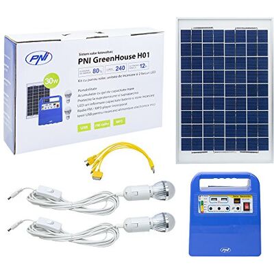 PNI GreenHouse H01 Draagbare zonne-energiegenerator 30 W met 12 V/7 Ah accu, USB/radio/MP3, 2 ledlampen PNI GreenHouse H01 Draagbare zonne-energiegenerator 30 W met 12 V/7 Ah accu, USB/radio/MP3, 2 ledlampen